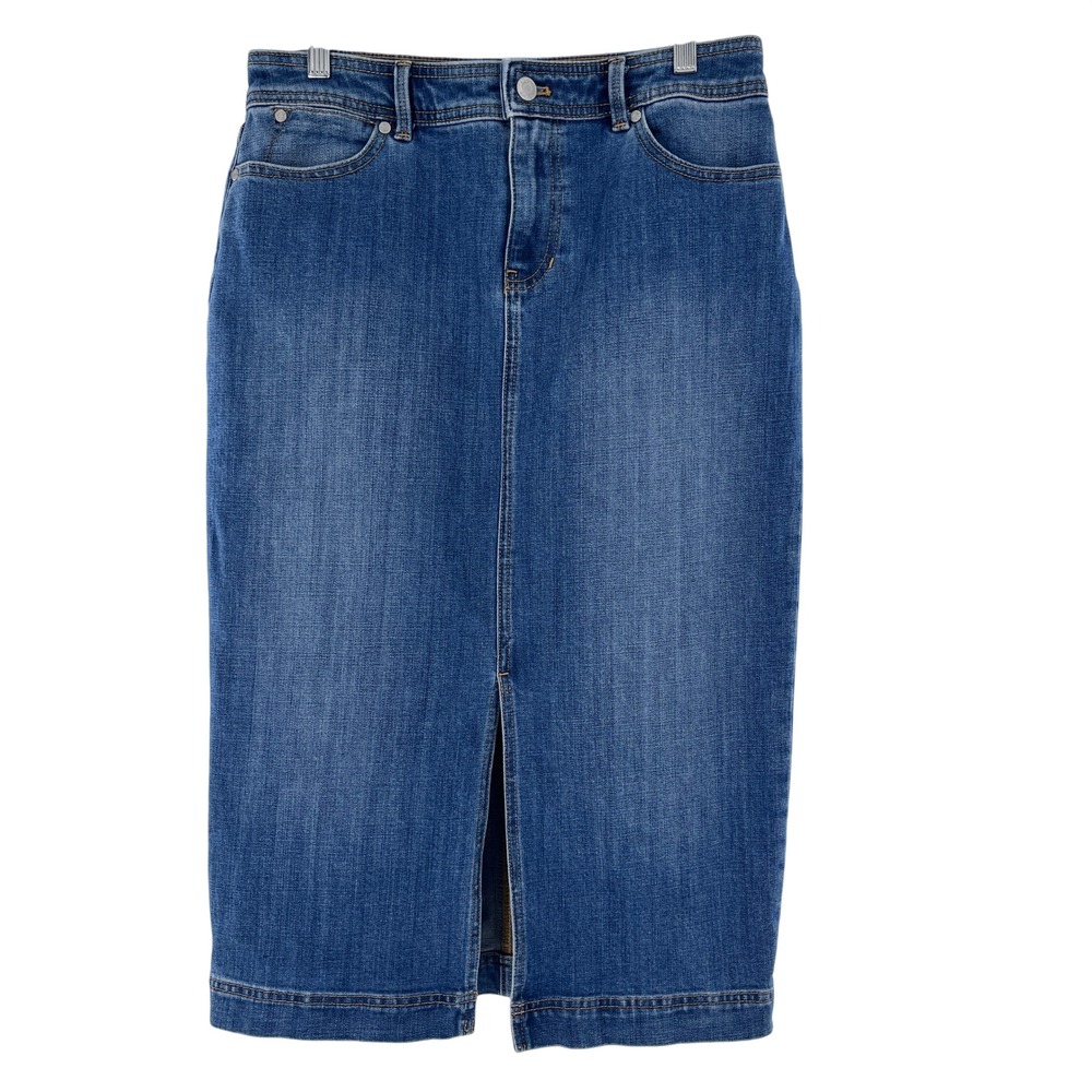 Talbots Medium Blue Denim Midi Pencil Skirt with Front Slit